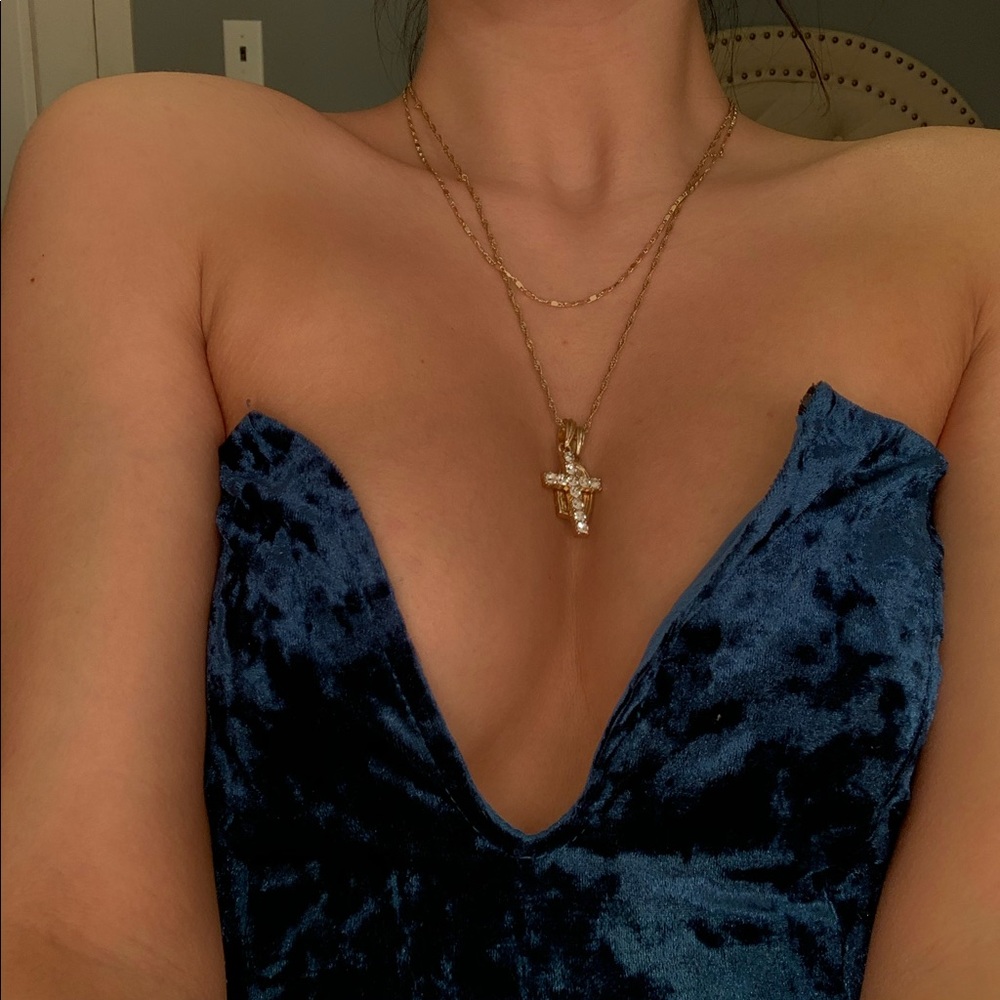 Velvet blue deep V bodysuit
